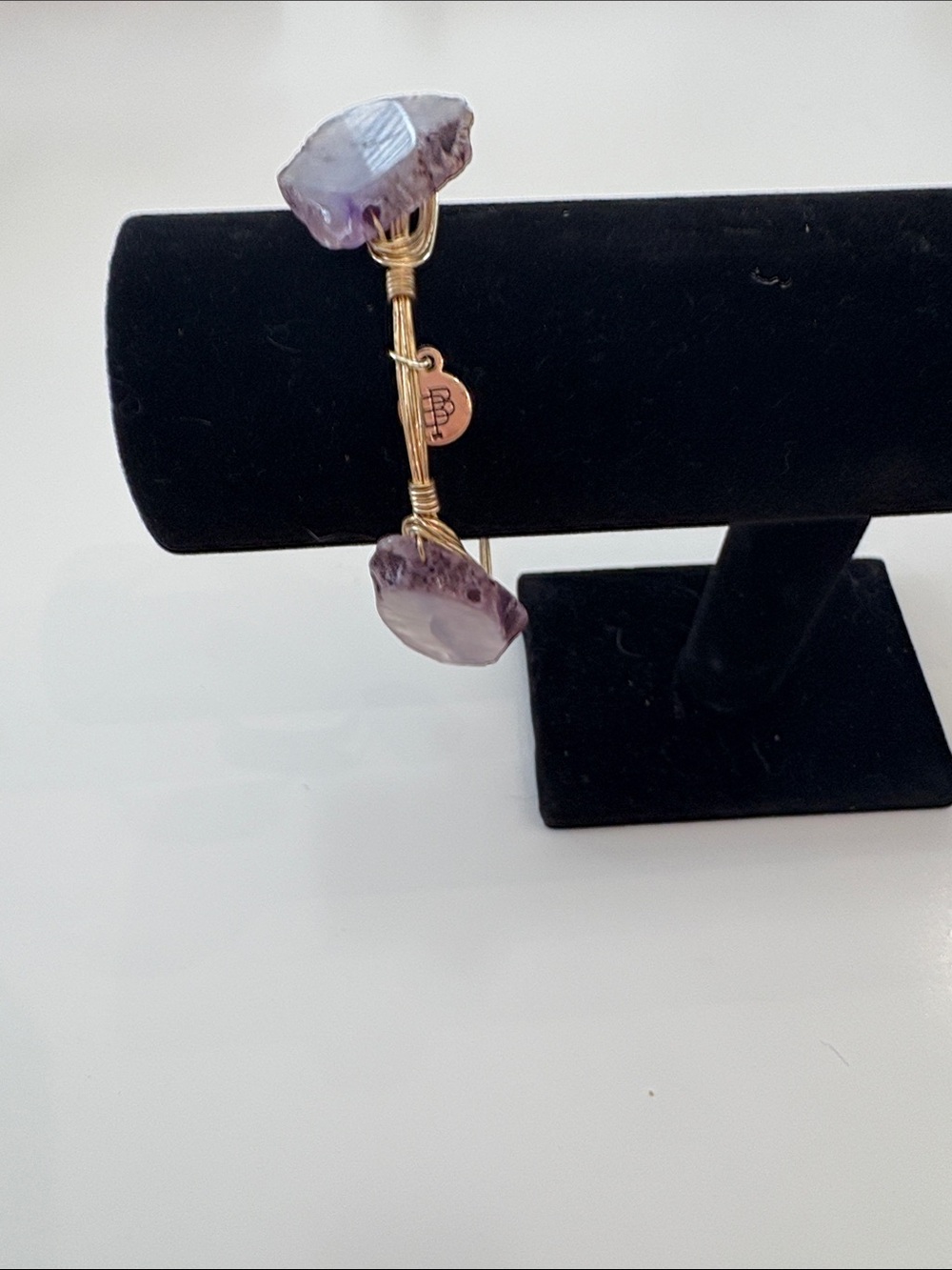 Bourbon & Boweties Gold Wire Wrapped Raw Amethyst Slice Bangle Bracelet